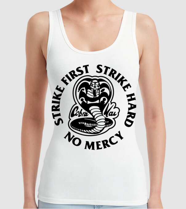 Strike first strike hard no mercy model alb pe tricou