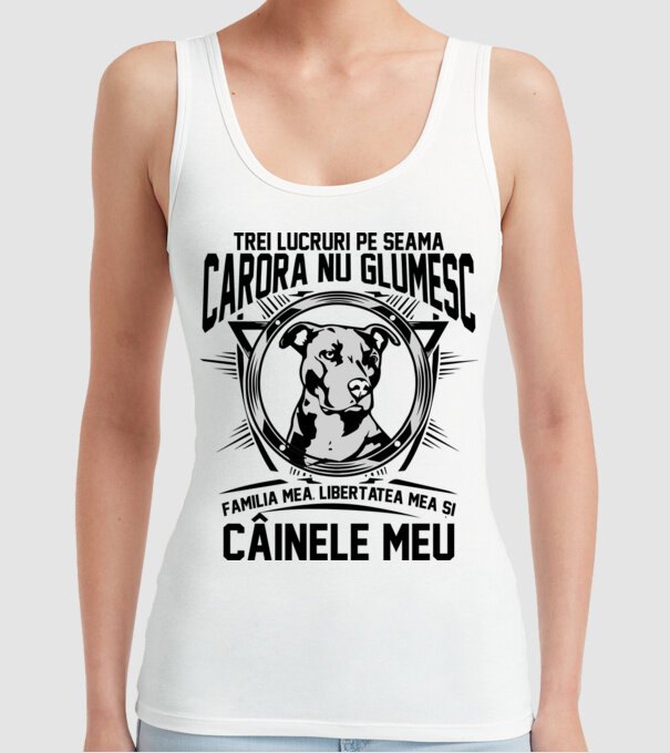 trei lucruri pe seama cărora nu glumesc: familia mea, libertatea mea și câinele meu model alb pe tricou