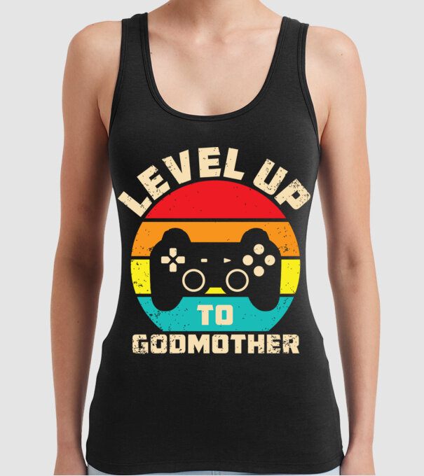 Level Up Godmother model negru pe tricou