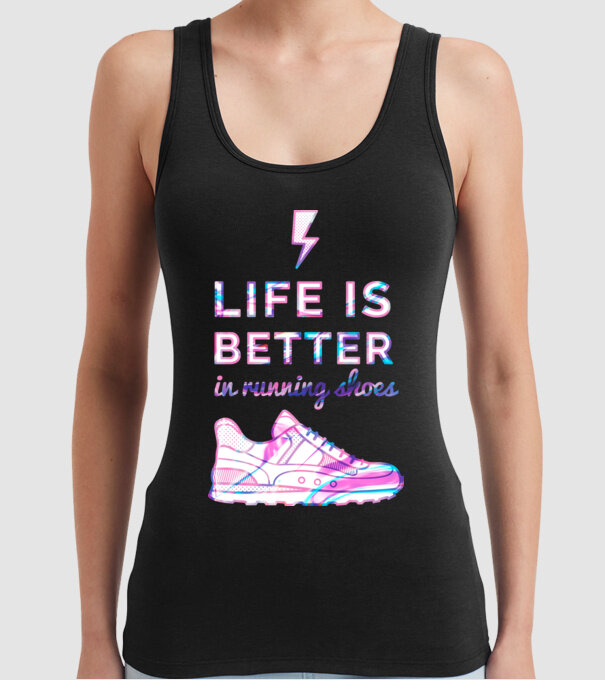 Life is better running shoes HOLO model negru pe tricou