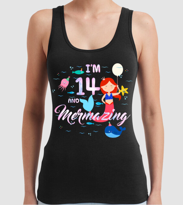 Mermazing Birthday 14 model negru pe tricou