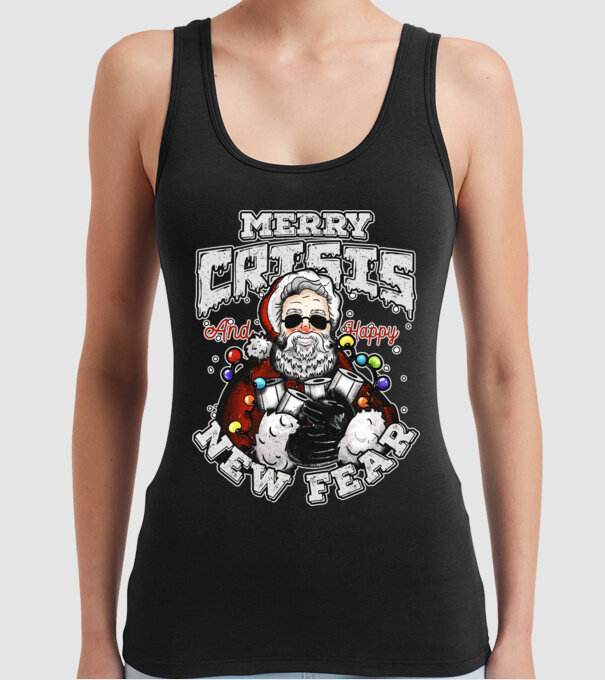 Merry Crisis and Happy New Fear model negru pe tricou