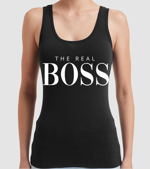 Motiv cuplu The REAL Boss model negru pe tricou