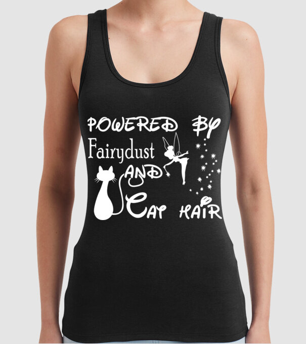 Powered by fairydust and cat hair model negru pe tricou