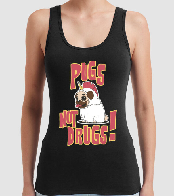 Pugs not drugs model negru pe tricou