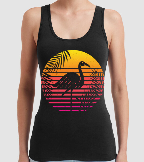 Retro flamingo sunset model negru pe tricou