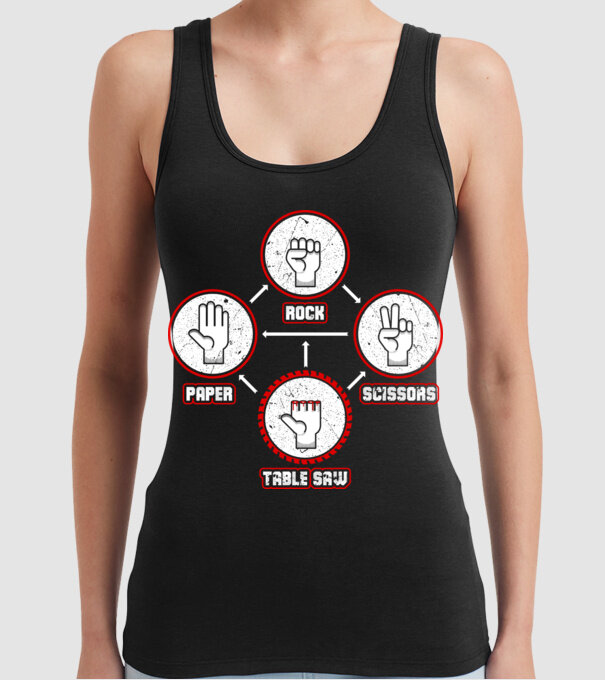 Rock Paper Scissors TABLE SAW model negru pe tricou