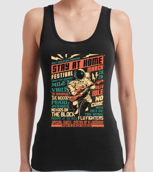 Stay at home festival model negru pe tricou