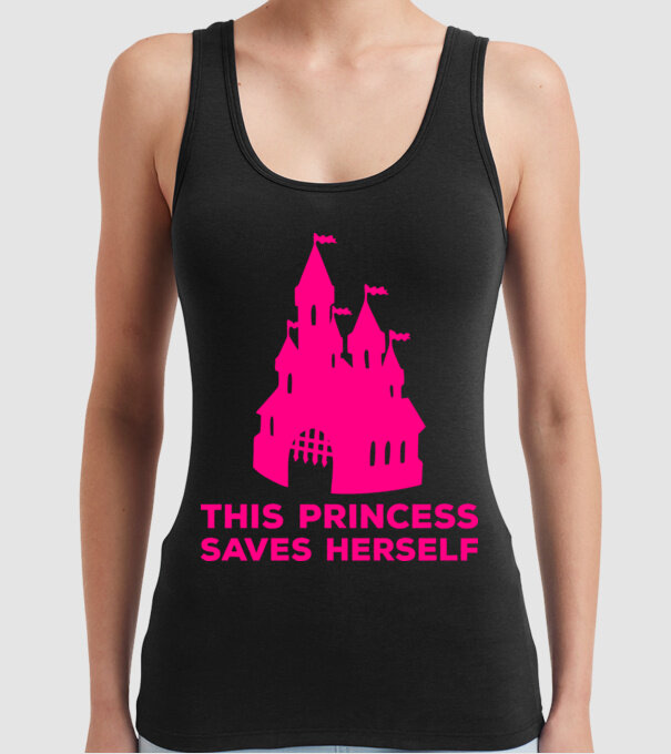 This princess saves herself model negru pe tricou