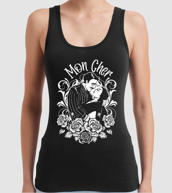 Addams family couple shirt Morticia and Gomez Mon cher model negru pe tricou