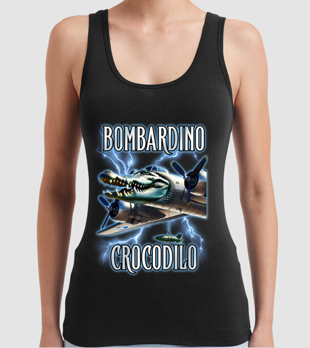 Bombardino Crocodilo model negru pe tricou