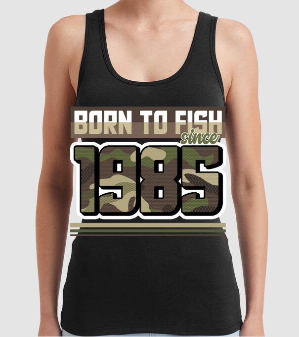 Born to fish since 1985 model negru pe tricou