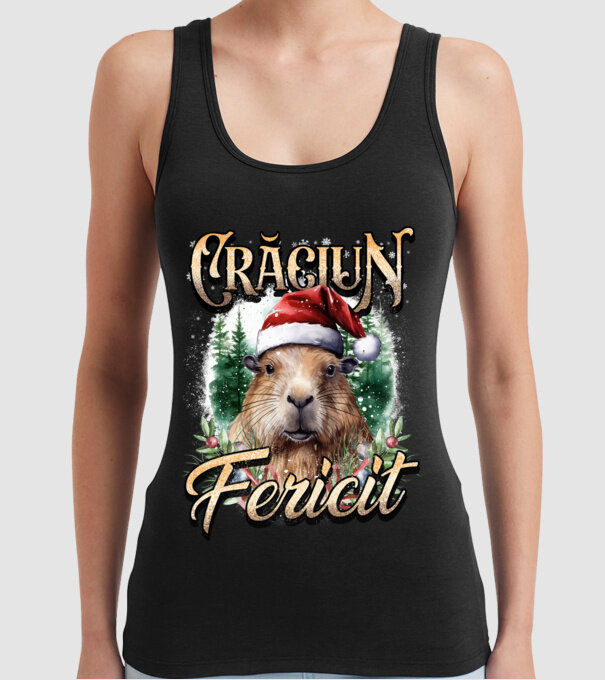 Capybara christmas model negru pe tricou