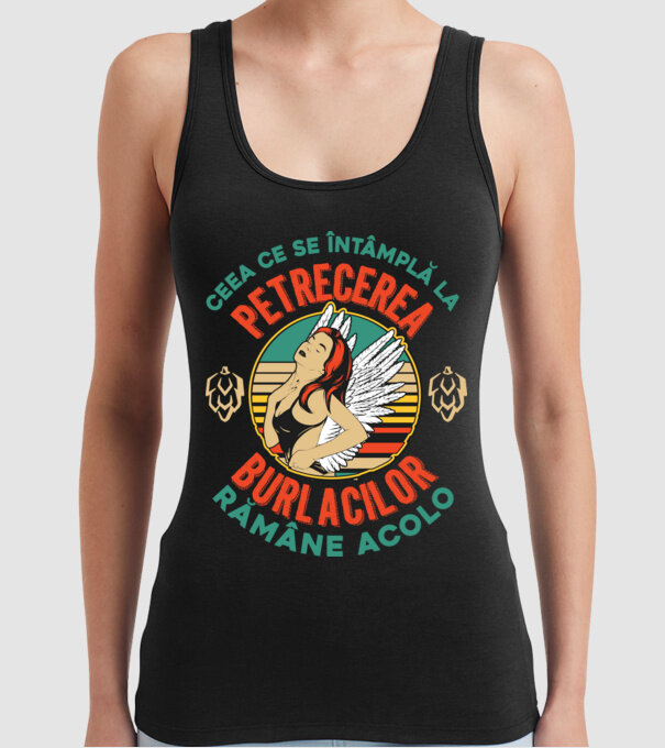 Ceea ce se întâmplă la petrecerea burlacilor rămâne la petrecerea burlacilor model negru pe tricou