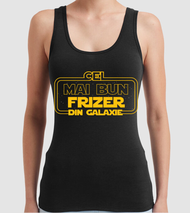 Cel mai bun frizer din galaxie model negru pe tricou