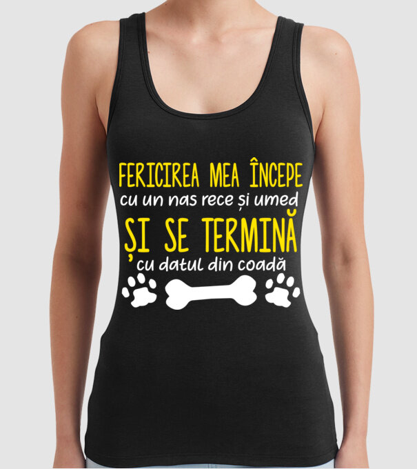 fericirea mea începe cu un nas rece și umed și se termină cu datul din coadă model negru pe tricou