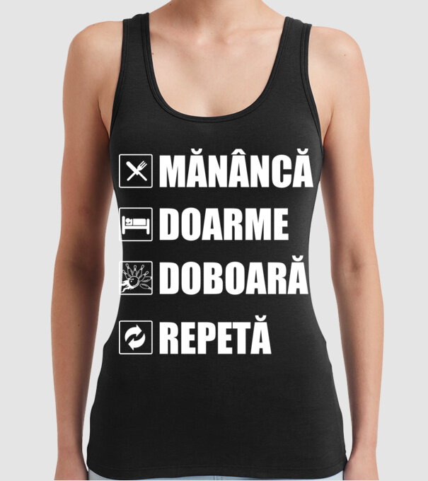 mănâncă doarme doarme doboară repetă model negru pe tricou