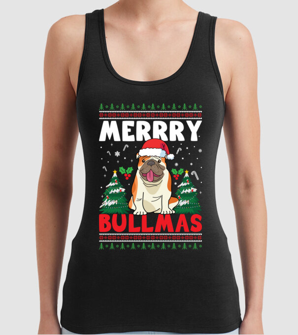 Merry bullmas ugly sweater model negru pe tricou