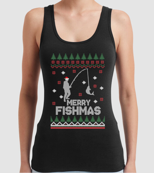 Merry Fishmas model negru pe tricou