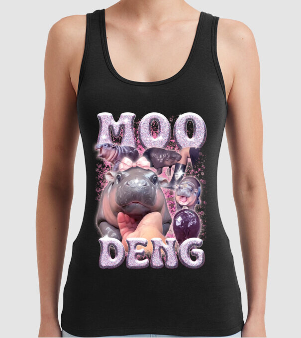 MOO DENG baby hippo model negru pe tricou