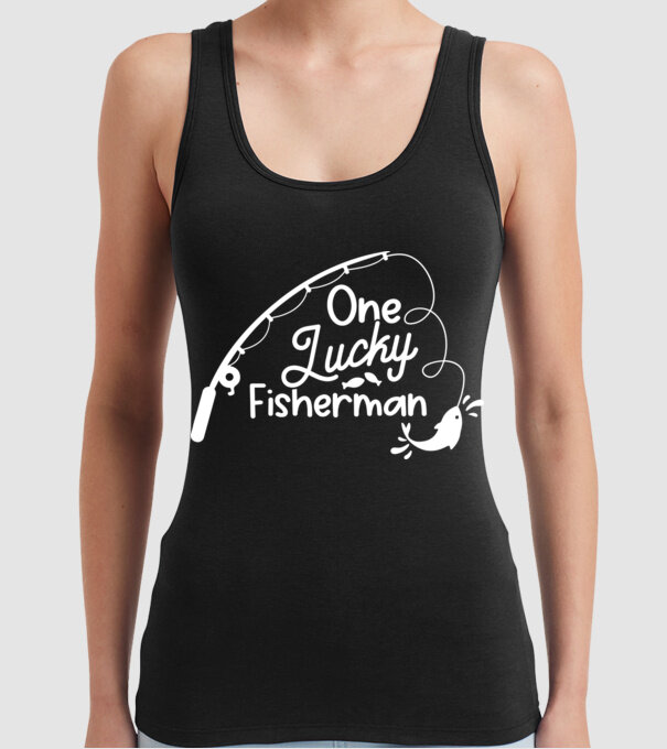 One lucky Fisherman model negru pe tricou