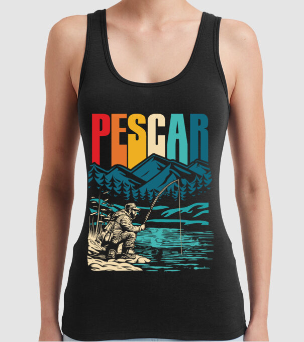 Pescar retro model negru pe tricou