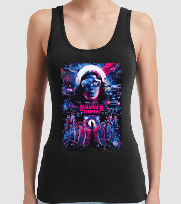stranger things poster neon model negru pe tricou
