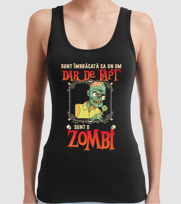 sunt îmbrăcat ca un om, dar de fapt sunt un zombi model negru pe tricou
