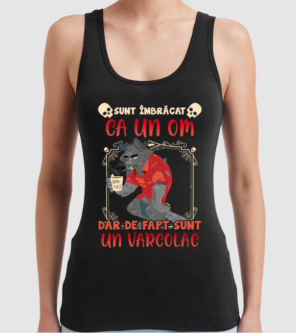 sunt îmbrăcat ca un om, dar de fapt sunt un vârcolac model negru pe tricou