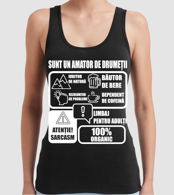 sunt un amator de drumeții - iubitor de natură - rezolvator de probleme - băutor de bere - dependent de cofeină - limbaj pentru model negru pe tricou