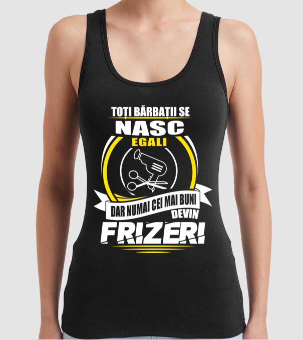 Toți bărbații se nasc egali frizeri model negru pe tricou