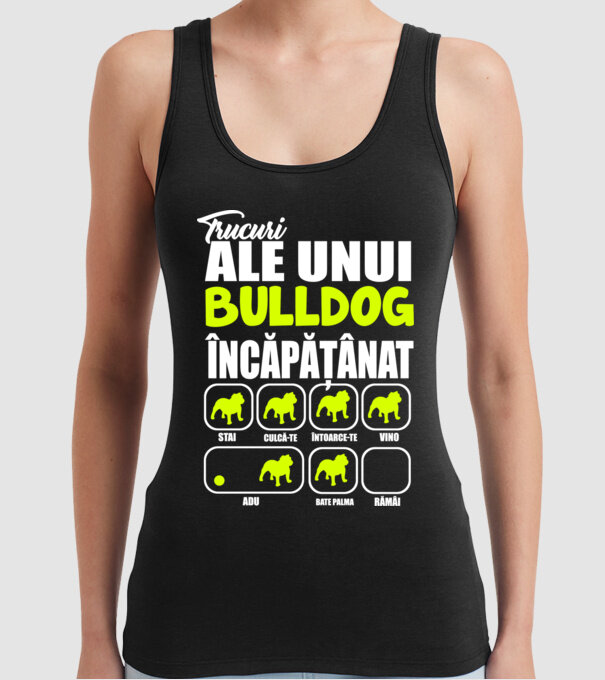 trucuri ale unui bulldog englezesc încăpățânat stai, culcă-te, întoarce-te, vino, adu, bate palma, rămâi model negru pe tricou