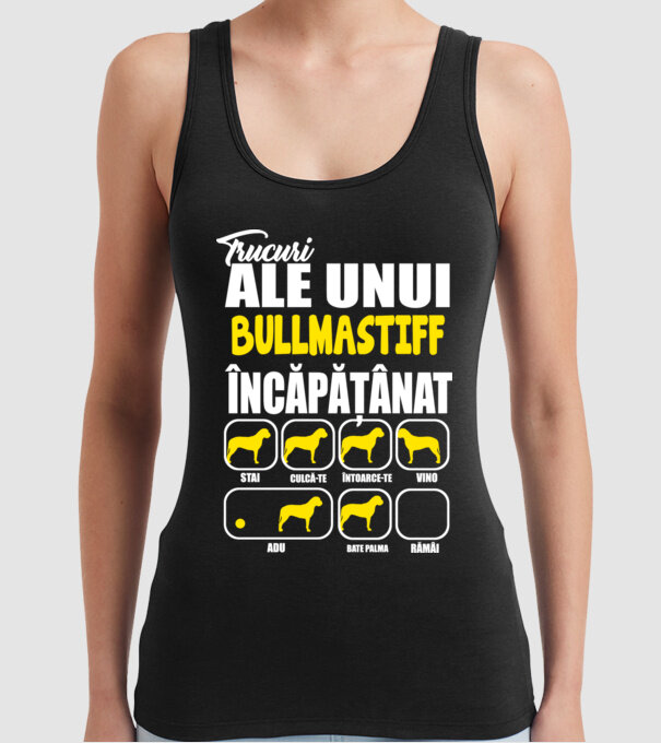 trucuri ale unui bullmastiff încăpățânat stai, culcă-te, întoarce-te, vino, adu, bate palma, rămâi model negru pe tricou