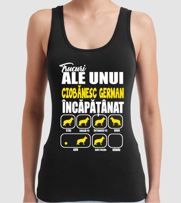 trucuri ale unui ciobănesc german încăpățânat stai, culcă-te, întoarce-te, vino, adu, bate palma, rămâi model negru pe tricou