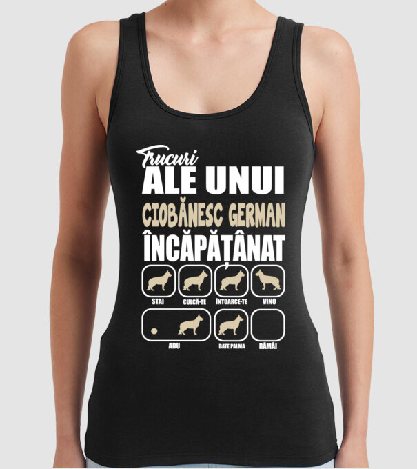 trucuri ale unui ciobănesc german încăpățânat stai, culcă-te, întoarce-te, vino, adu, bate palma, rămâi model negru pe tricou
