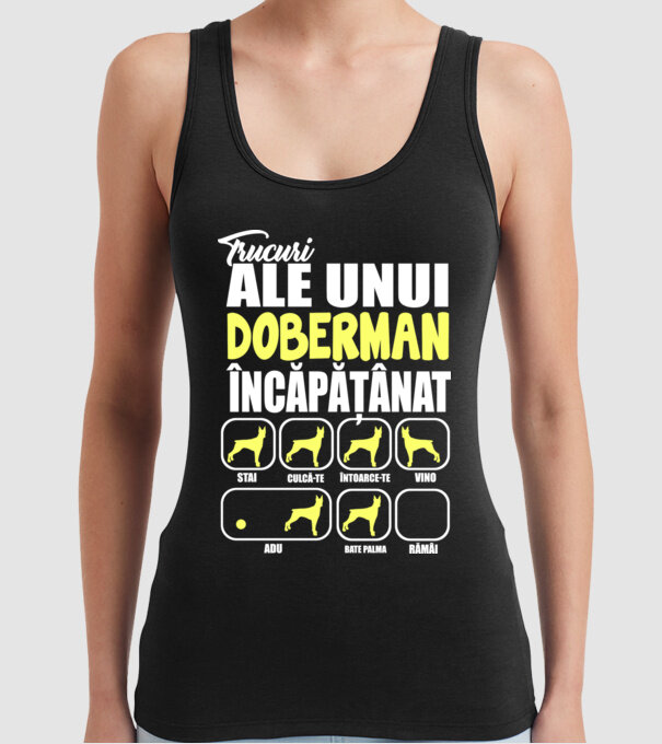 trucuri ale unui doberman încăpățânat stai, culcă-te, întoarce-te, vino, adu, bate palma, rămâi model negru pe tricou