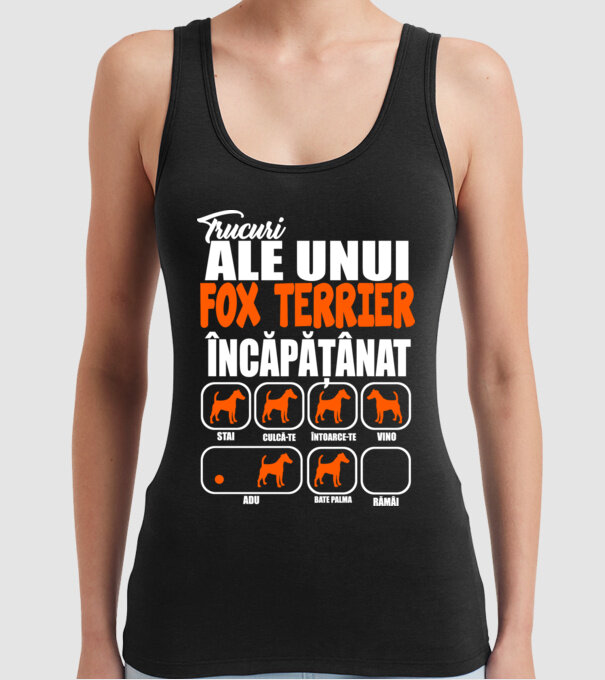 trucuri ale unui fox terrier încăpățânat stai, culcă-te, întoarce-te, vino, adu, bate palma, rămâi model negru pe tricou