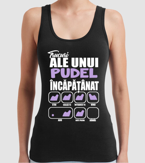 trucuri ale unui pudel încăpățânat stai, culcă-te, întoarce-te, vino, adu, bate palma, rămâi model negru pe tricou