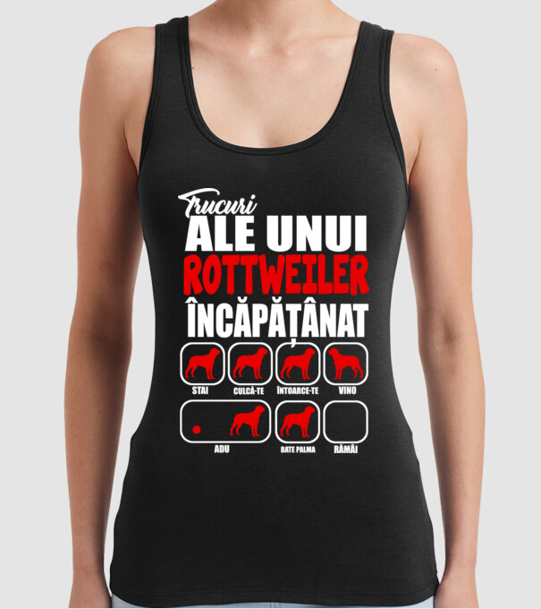 Trucuri ale unui rottweiler încăpățânat stai, culcă-te, întoarce-te, vino, adu, bate palma, rămâi model negru pe tricou