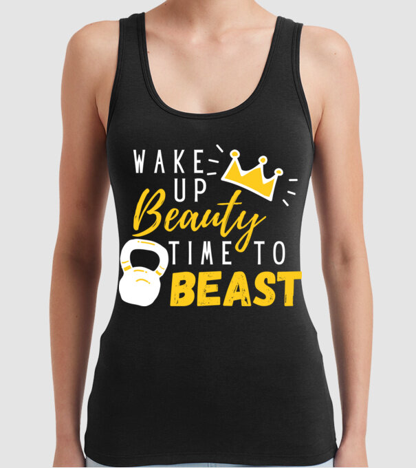Wake Up Beauty Time To Beast model negru pe tricou