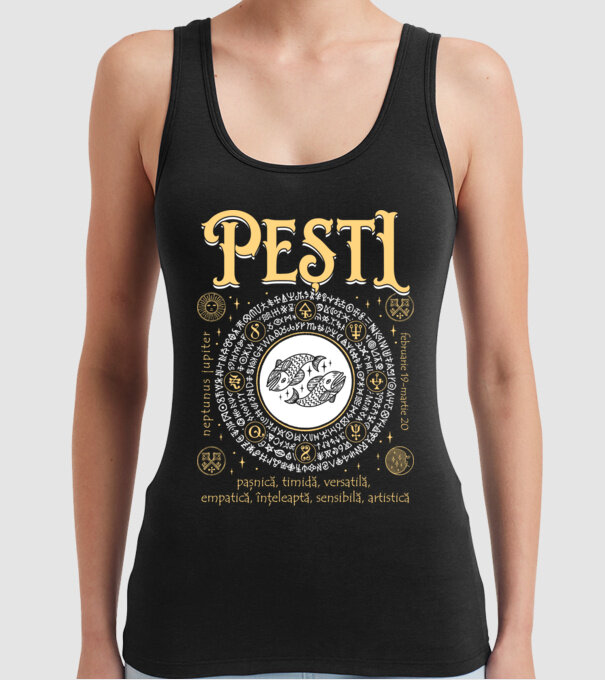 Zodiac femeie PEȘTI golden model negru pe tricou
