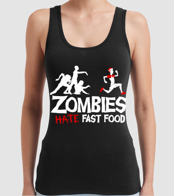 Zombies Hate Fast Food model negru pe tricou
