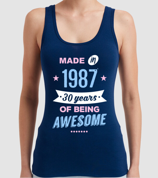 Made in - 1987 model albastru închis pe tricou