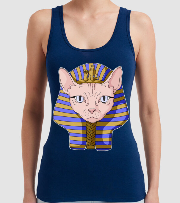 sphynx cat pharaoh model albastru închis pe tricou