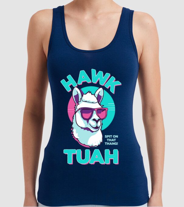Hawk tuah llama retro sunglasses model albastru închis pe tricou