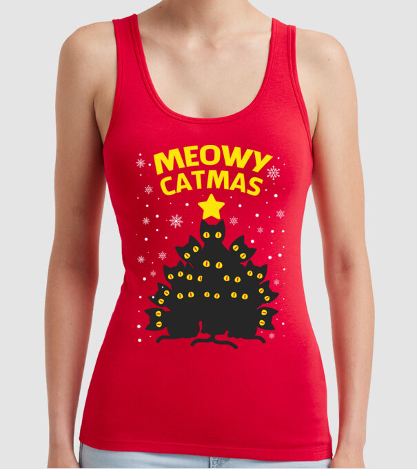 Meowy catmas black model roșu pe tricou