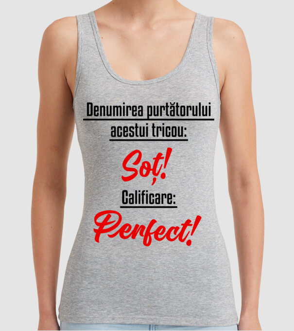 Denumirea purtătorului acestui tricou: Soț! Calificare: Perfect! model gri pe tricou