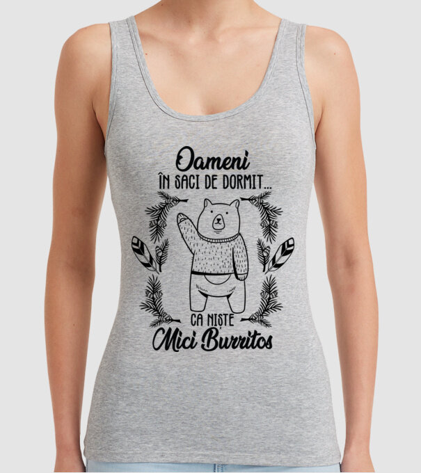 oameni în saci de dormit... ca niște mici burritos model gri pe tricou