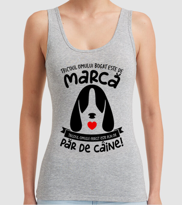tricoul omului bogat este de marcă, tricoul omului fericit este plin de păr de câine model gri pe tricou