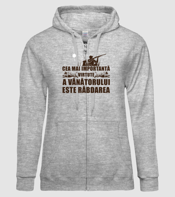 cea mai importantă virtute a vânătorului este răbdarea model gri pe tricou
